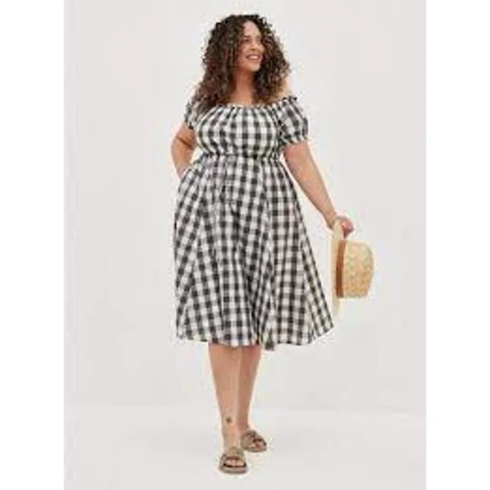 Torrid Peasant Midi Seersucker Gingham Midi Dress - Picture 1 of 10